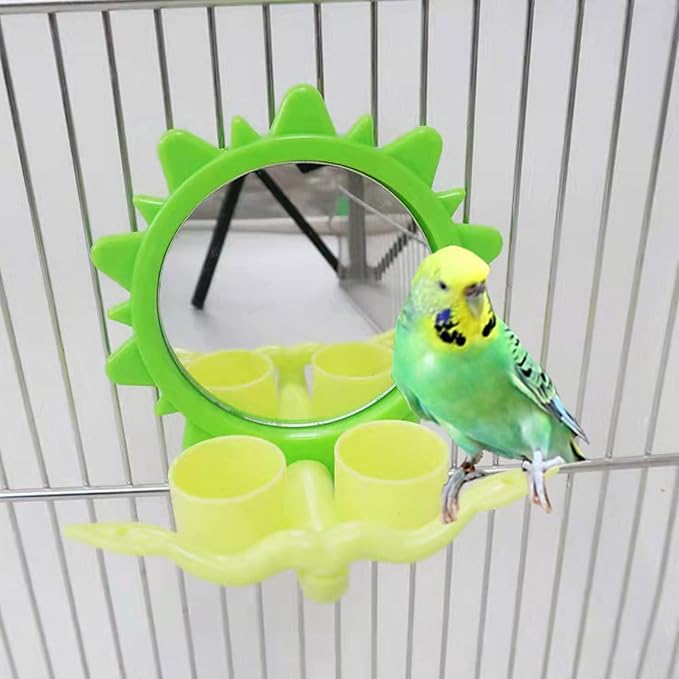 Parrot Mirror for Cage Hanging Bird Feeder with Plastic Perch Food Water Bowl Feeding Cups Easy to Install Bird Mirror with Perch