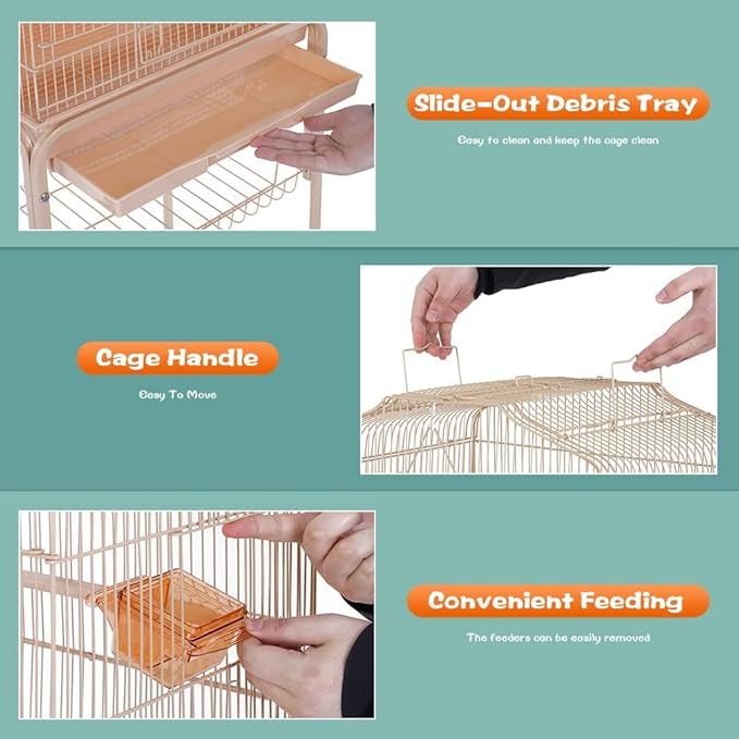 BestPet 64 inch Wrought Iron Bird Cage for Parakeets Medium Small Parrots Parakeet Cage with Detachable Rolling Stand & Play Open Top for Cockatiels Lovebird Finches Canaries (Almond)