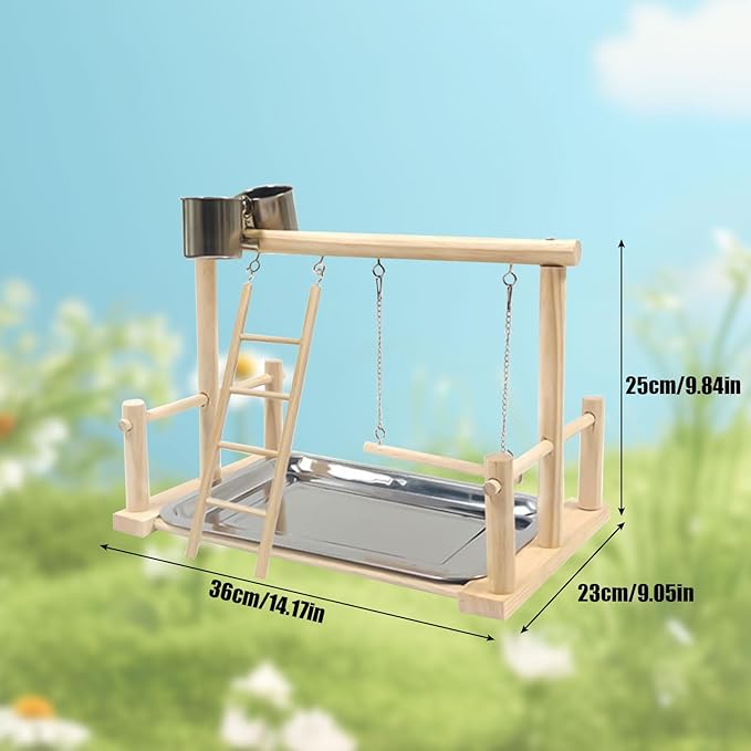 Bird Playground, Natural Wood Bird Perch Stand with Removable Tray and 2 Stainless Steel Feeder Cups, Parrot Playstand Bird Cage Toys for Conure Parakeet Cockatiel Parrot (B)