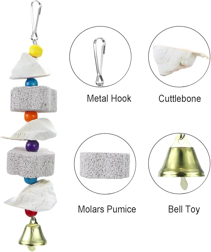 3Pcs Bird Beak Trim Cuttlebone Calcium Stone Lava Block Chew Toy Grinding Teeth Natural Minerals with Bell for Parakeets, Cockatiels, Conures, Budgies, Lovebirds