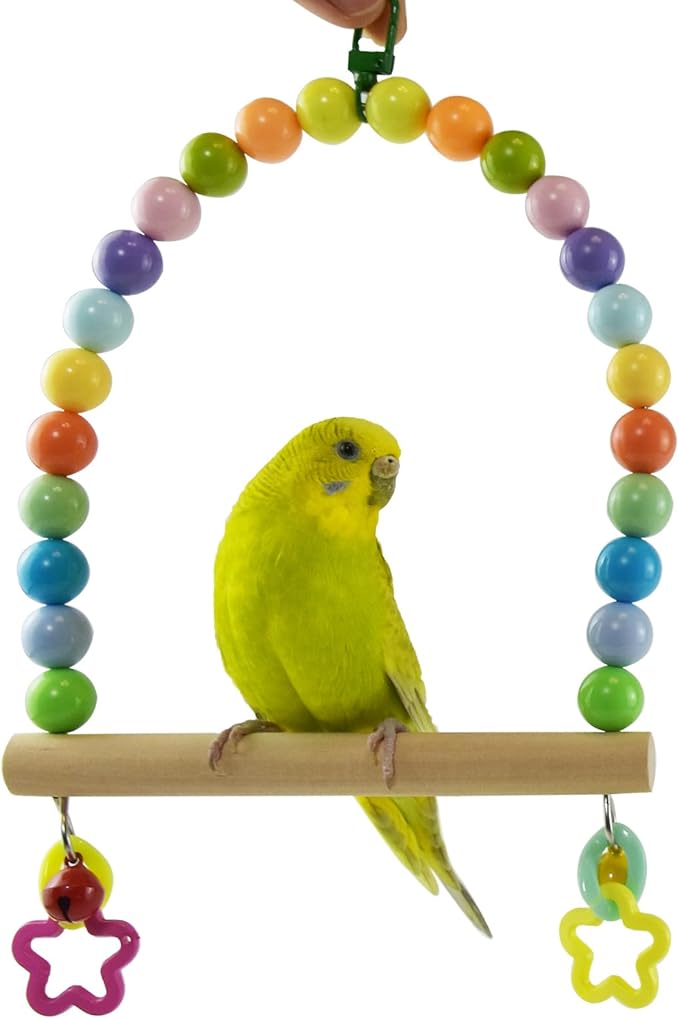 Large Bird Swing for Cage Parrot Wooden Perch Stands Cockatiel Hanging Toy with Bell Parakeet Colorful Beads Climbing Training Toys Playground Birdcage Accessories for Macaws Quaker Conures Lovebirds