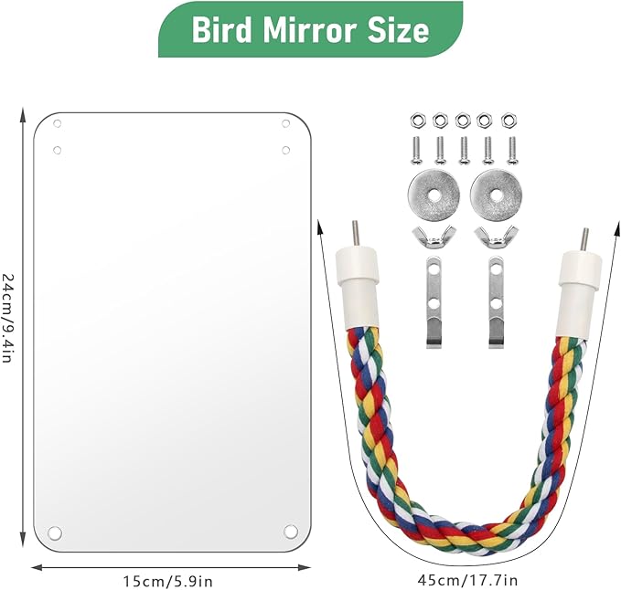 9.4‘’ Bird Mirror for Cage, Coolrunner Bird Parrot Mirror with Rope for Cockatiel Conures, Lovebirds, Parrot, Canaries, and Budgies