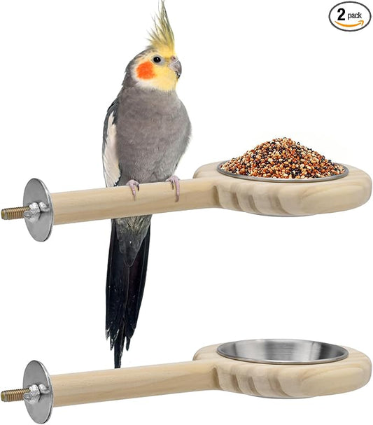 KATUMO Bird Perch Feeding Cup Birds Platform Parrot Wood Perch Stand Toy Cage Accessory for Parakeet Lovebird Cockatiel Conure Budgie Small Parrots (L Perch (Pack of 2))