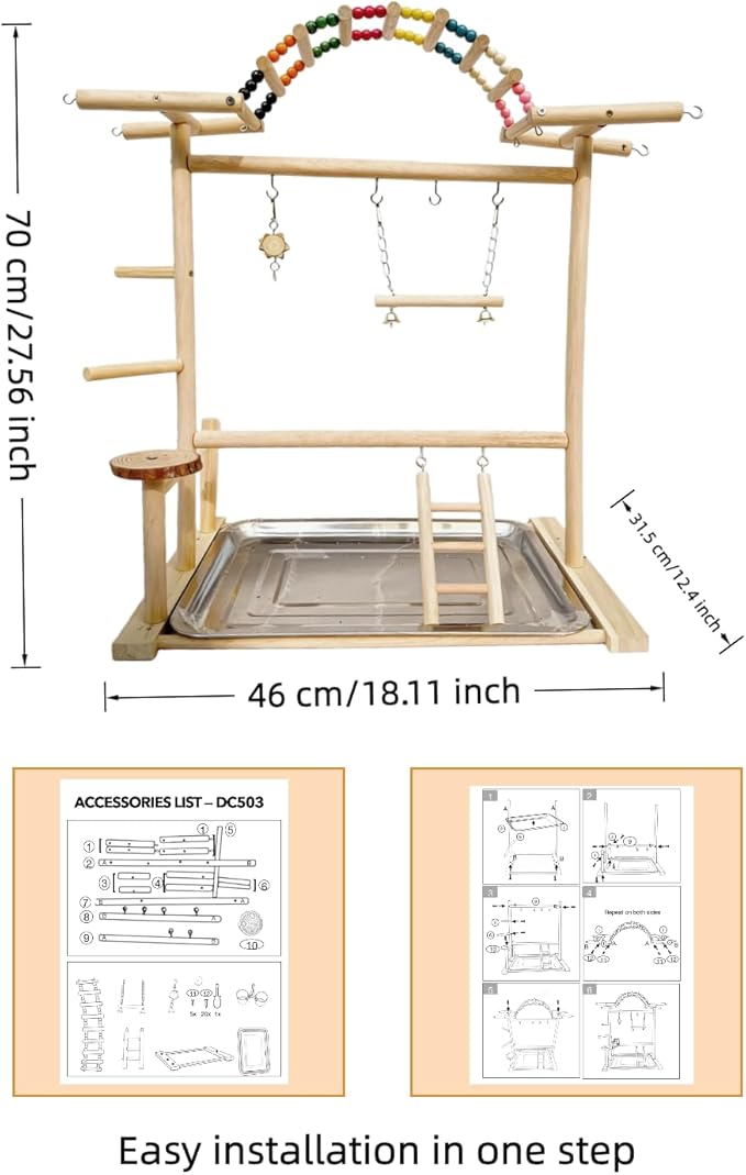 Bird Play Stand with Beads & Swing for Parrots | Multi-Level Natural Wood Stand | Perfect for Parakeets, Cockatiels & Small Parrots | Engaging Bird Perch & Toys