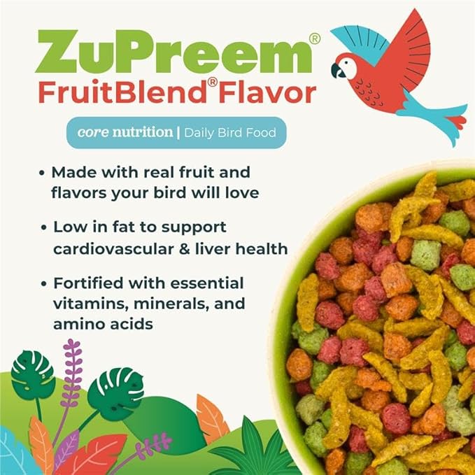 ZuPreem FruitBlend Bird Pellets, Daily Bird Food for Cockatiel, Lovebird, Quaker, Small Conure, Lorikeet, Core Nutrition for Medium Birds, Cockatiel Pellets, Conure Bird Food (M, 10 lbs)