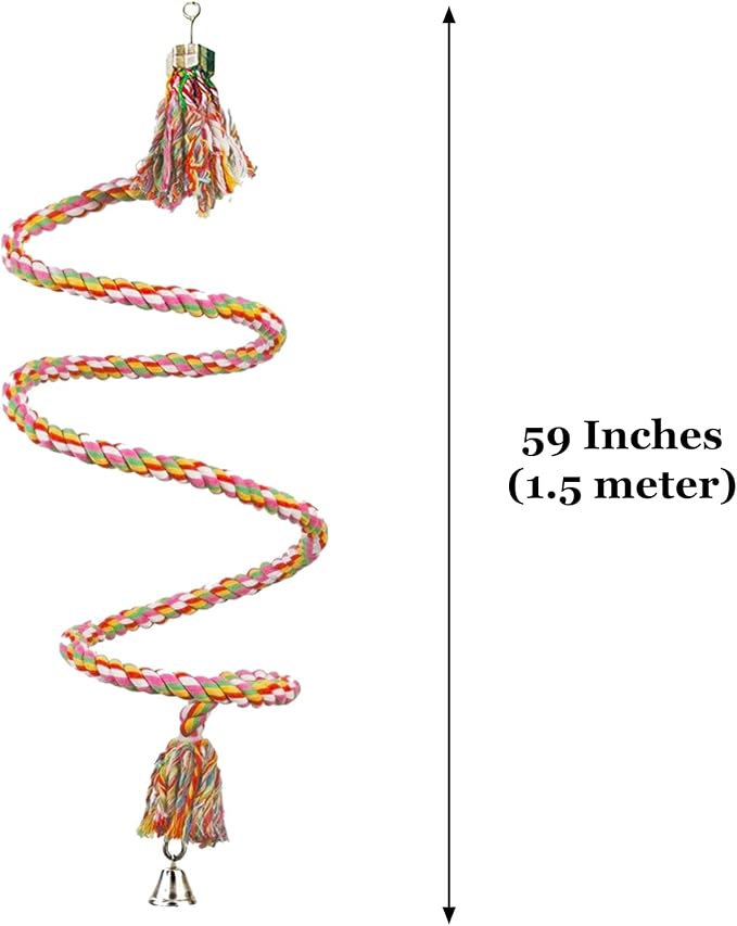 SunGrow Rope Perch for Parrots, 59” Long, Bungee Bird Toy, Brightly Colored Handmade Chew Toy, Spiral Design with Jingling Bell