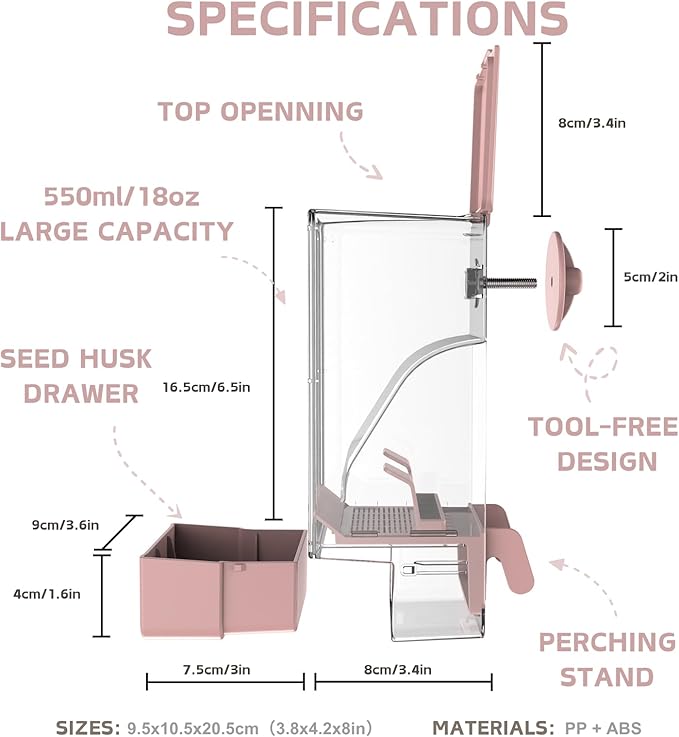 Automatic Bird Feeder, Bird Cage Feeder with Perch for Parakeet Canary Cockatiel Finch (Pink)