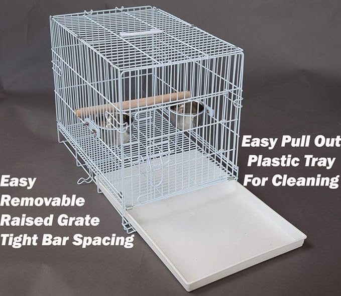 Easy Collapsable Bird, Dog and Cat Carrier Travel Carrier Metal Wire Prevent Beaks Out Cage with Stainless Feeder Cups Wooden Stand Perch