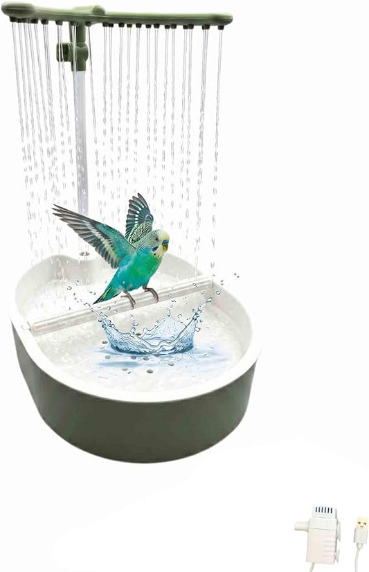 Automatic Parakeet Bird Bath with Pump,Adjustable Water Flow & Parrot Shower,USB Powered Bird Fountain Bathtub for Cage,Quiet Circulating Water System for Budgie,Lovebird (Green# L)