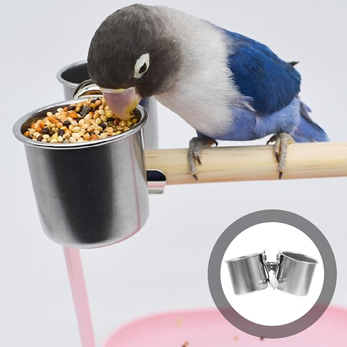 POPETPOP 2 Pcs Bird Parrot Feeding Double Cups with Clip - Stainless Steel Bird Bowls for Cage, Food Feeder Cups Hanging Bowl for Cage Stand Accessories