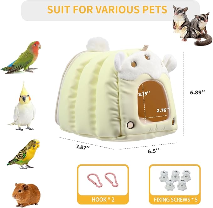 Multi-Use Winter Warm Bird Bed, Parakeet Nest & Hammock for Cage - 3-Way Use: Cage-External Mount, Internal Hanging & Floor Placement for Lovebird, Budgies, Parakeets, Cockatiels & Guinea pig (Yellow)