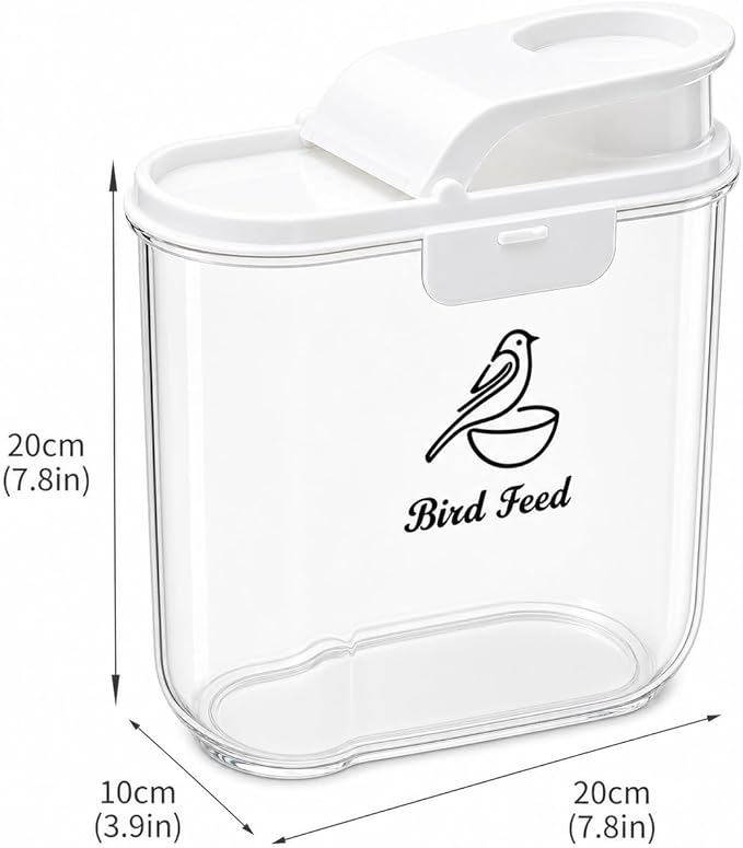 Bird Seed Storage Container, Airtight 2L/4.5Lbs Bird Food Container with Scale & Pour Spout, Portable Bird Food Holder to Keep Food Fresh|BPA-Free-White