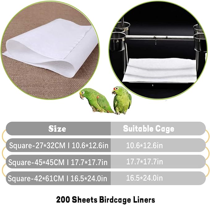 QBLEEV Bird Cage Liner Paper, Extra Large Size Pre Cut Sheets for Birdcages, Precut Absorbent Disposable Non-Woven Cages Cushion Pad Mat Accessories, Square-200 Sheets, 16.5x24.0in