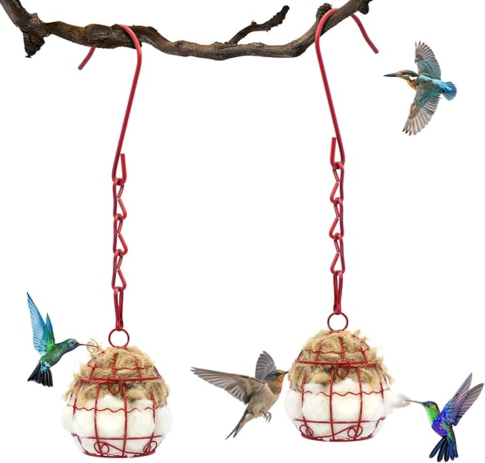Bird Nesting Material with Wool, 2 Pack Refillable Hummingbird Nesting Material Cage Holder with Natural Cotton for Hummingbird Nest, Gift for Bird Lover, Nesting Balls Birds for Outdoor (Red Cage)
