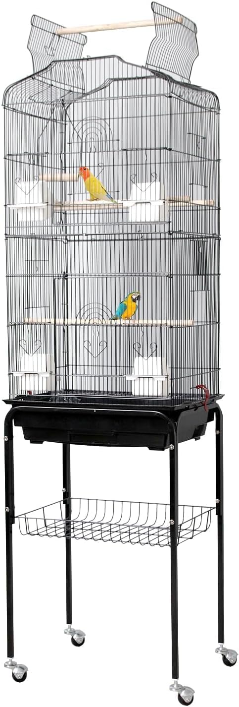 64 in Bird Cage, Parrot Cage, Parakeet Cage - Large Hanging Birdcage with Solid Iron Wrought Construction, Rolling Storage & Bird Stand, Flight Nest for Cockatiel, Budgie, Canary & Small Parrots