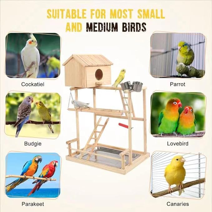 HiCaptain Large Bird Playground, 3 Layers Cockatiel Playground, Pet Parrot Playstand Gym Wooden Playpen Birds Play Stand with Nesting Box, Ladder, Feeder Cups
