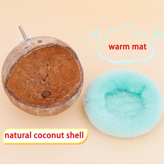 VTurboWay 2 Pack Natural Coconut Shell Parrot Nest Finch House Canary Bed Hanging Toy Breeding Nesting Anti-Pecking Bite with Warm Pad for Cages Sleeping Bird Bed