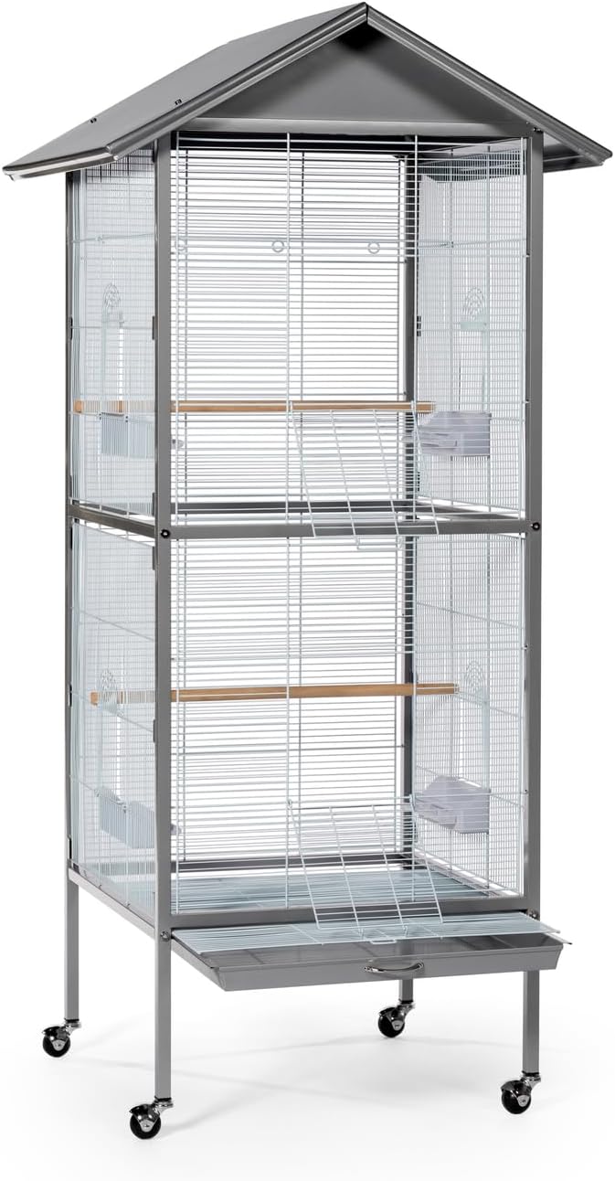 Prevue Pet Products Aviary Large Flight Cage - Powder‑Coated Standing Metal Bird Cage with Wheels, Perches, Feeders & Removable Tray, Ideal for Parakeets, Cockatiels, Canaries & Small Birds - Grey