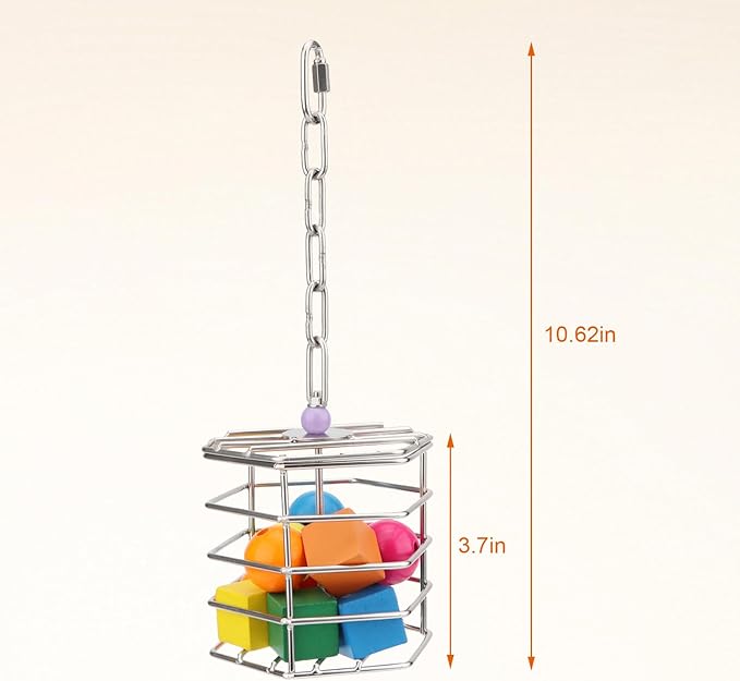 Hypeety Bird Foraging Toys Stainless Steel Foraging Basket Millet Holder for Bird Cage Unique Hanging Feeder for Macaws Cockatoos African Grey Cockatiel Conures Amazon Parrot(Feeder+Blocks)