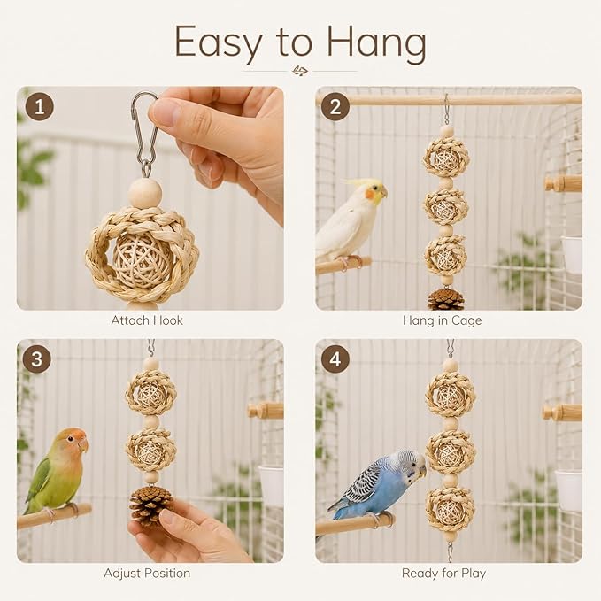 3 Pack Bird Toys for Small Birds, Texture-Rich Shredding & Chewing Toys with Sola Ball, Rattan Balls, Pumice Stone and Pinecone, Hanging Cage Toys for Budgies, Cockatiels, Lovebirds and Small Conures