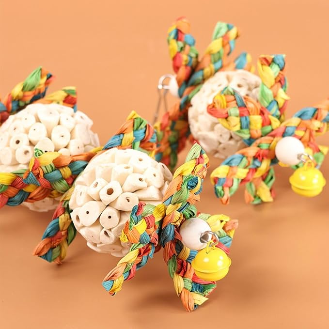 Bird Toys Hanging Natural Soft Sola Ball Natural Corn Husk Beak Chew Shred Colorful Forage Toys for Parrots, Cockatiel, Conure, Love Birds,Parakeets,Budgie and Other Small Birds (S)