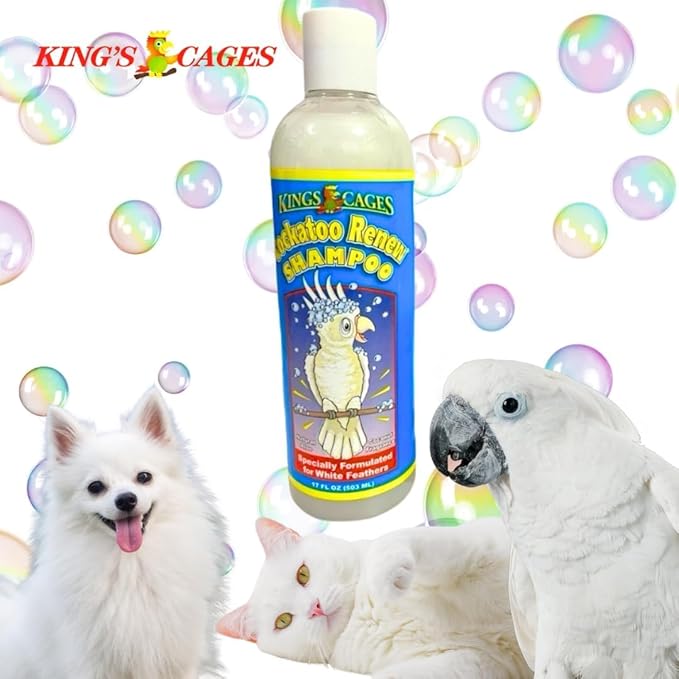 King's Cages Pk2 Cockatoo Renew Shampoo 17 oz with Aloe Vera and Coconut Fragrance, Naturally Whitens Feathers, Deodorizes, and Relieves Dry Itchy Skin for Cockatoos, Parrots, and Pet Birds