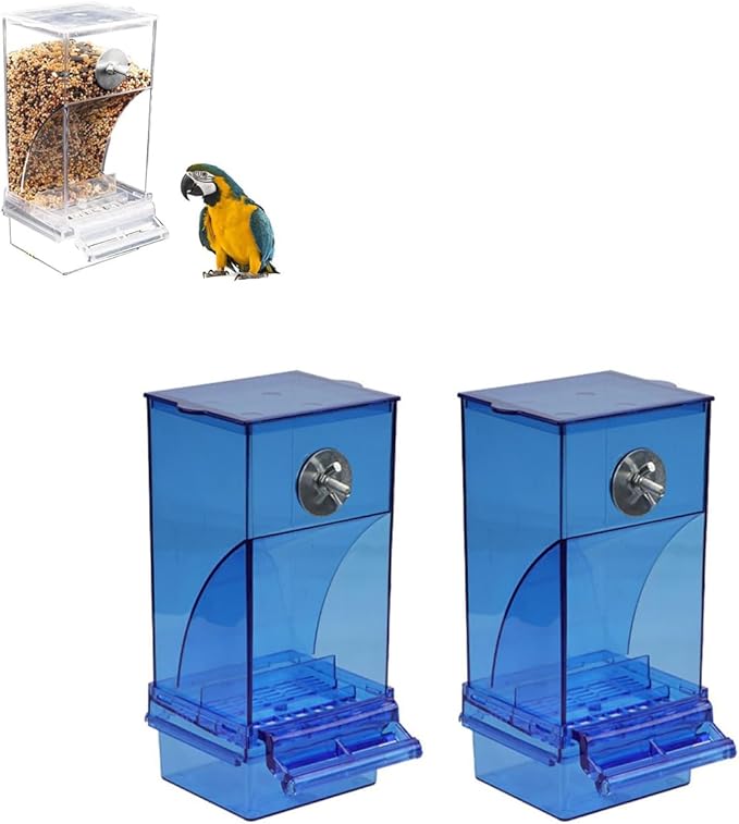 No Mess Bird Feeder for Cage,Automatic Parrot Feeder Cage Accessories,Transparent Parakeet Seed Container Food Feeder Drinker for Cage,No-Spill Transparent Bird Feeder (Blue*2)