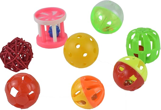 8pcs Bird Cat Ball Toys with Bell Colorful Parakeets Foot Talon Training Set Conures Feeder Toys Cockatiel Chewing Rattle Balls Parrot Cage Activity Toy for Budgie Playgym Birdcage