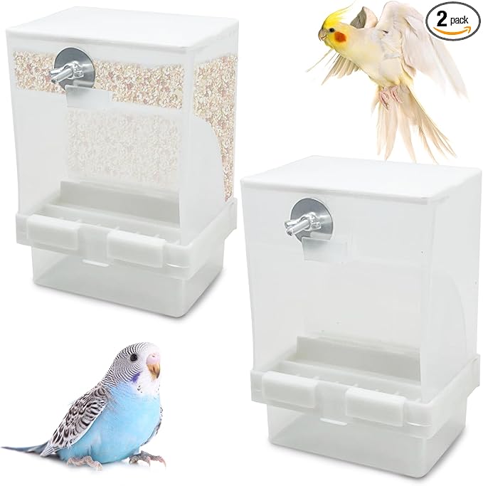 Tfwadmx 2 Pcs No Mess Automatic Bird Feeders Cockatiel Food Dispenser Bowls Seed Container Parrot Dishes Parakeet Cage Accessories Bird Feeder with Divider for Canary Finch Conure Lovebirds