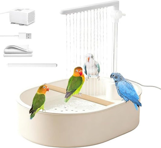 Bird Bath, Parrot Bathtub, Automatic Parrot Shower Bath with Pump, Birds Shower Bathtub with Running Water, Large-Capacity Water Tank,Suitable for Many Kinds of Birds (White)