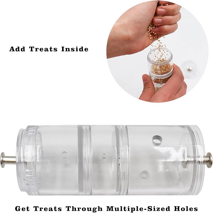 Interactive Bird Feeder with Rolling Foraging Toy - Clear Acrylic Treat Dispenser & Stainless Steel Bowl for Small to Medium Birds | Cage-Mounted with Rust-Resistant Metal Perch