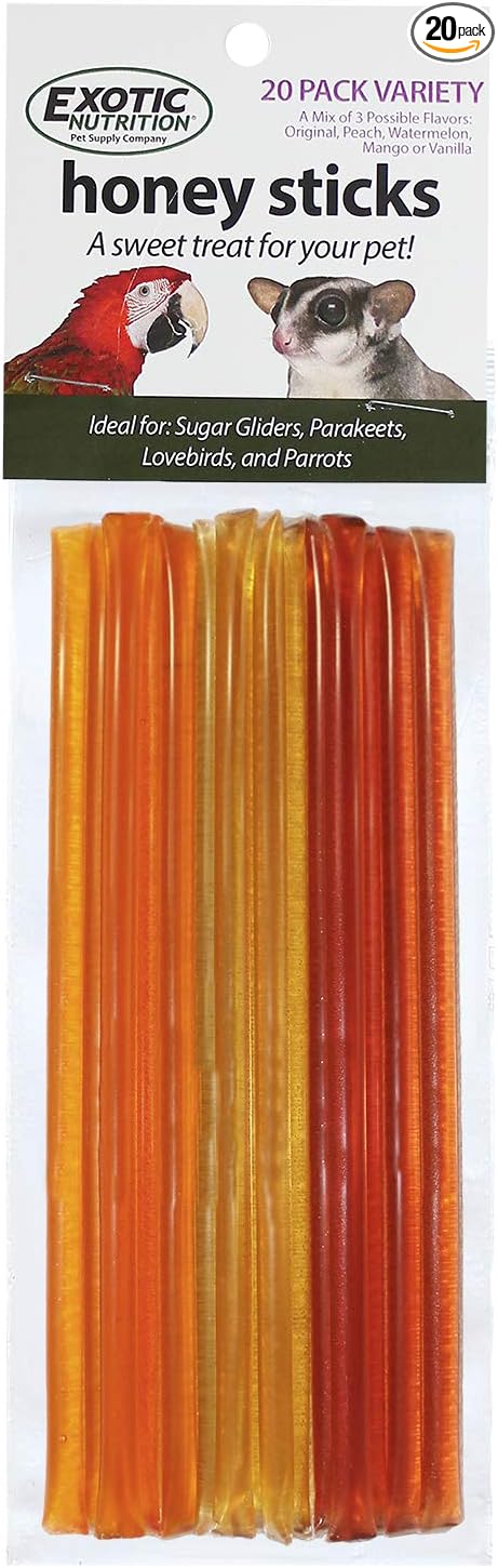 Honey Sticks (4 Variety 20 Pack) - All-Natural Sweet Treat - Made with Orange Blossom Honey - For Sugar Gliders, Parrots & Other Birds