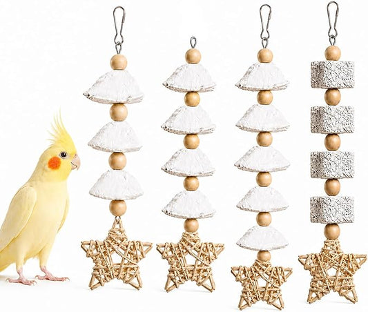 4 Pack Hanging Bird Chew Toys for Small Birds Cuttlebone and Pumice Cage Toys with Rattan Star and Wood Beads for Cockatiel Budgie Parakeet Conure Lovebird
