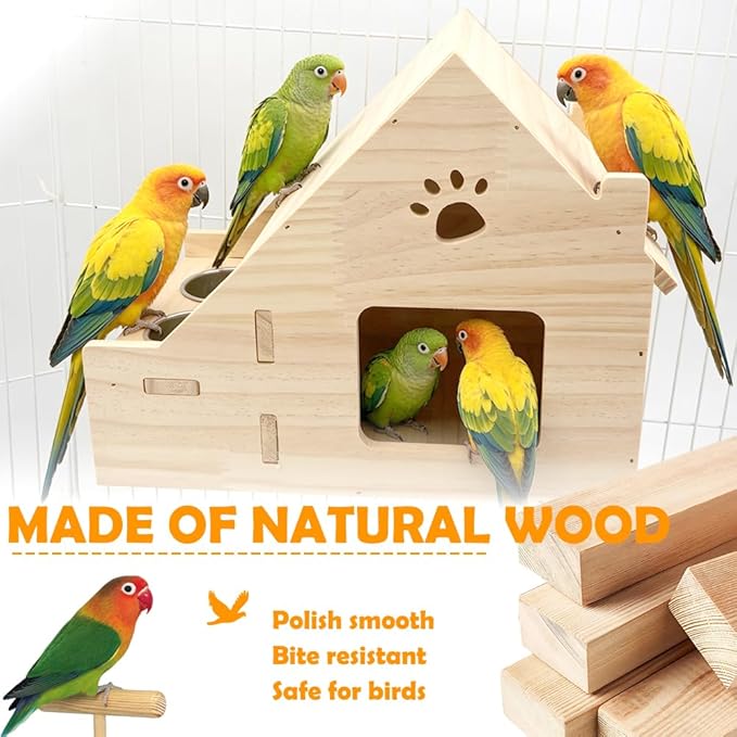 DQITJ Bird Wooden Nest with 2 Pcs Stainless Steel Food Bowl Cage Breeding House for Small Bird Conure Lovebird Finch Parrot Parakeet Cockatiel Budgie