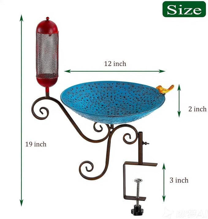 Metal Deck Mounted Bird Bath, 12" Beck Railing, Balcony Bird Bath for Outdoor, Garden, Patio, Antique Blue Green