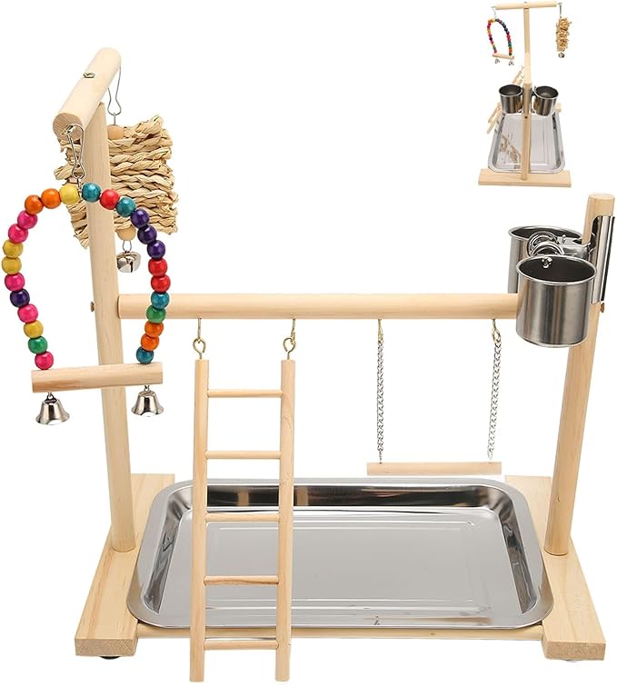 Bird Playground, Bird Play Stand Wood Gym Playpen Ladder Chewing Toys with Feeding Cups Exercise Activity Center