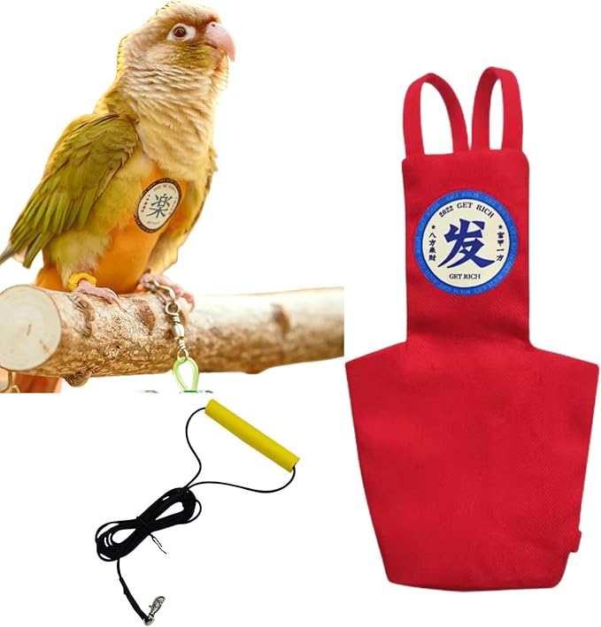 MANON ROSA Bird Diapers Leash Set Washable Reusable Handmade Flight Suit Waterproof Inner Layer - Protective Parrot Nappy Clothes Parakeets Macaws Budgies Canaries (Red6,Budgie)