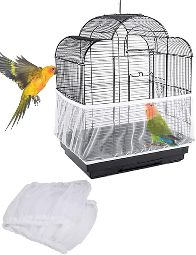 SKYPRO Universal Mesh Bird Cage Cover Shell Skirt Net Easy Cleaning Seeded Catcher Guard Bird Cage Stretchy Mesh Parrot Bird Cage Net(Medium,White)