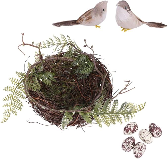 Artificial Bird Nest with Eggs Birds Faux Natural Rattan Twig Bird Nest House Ornament Photo Props for Decoration