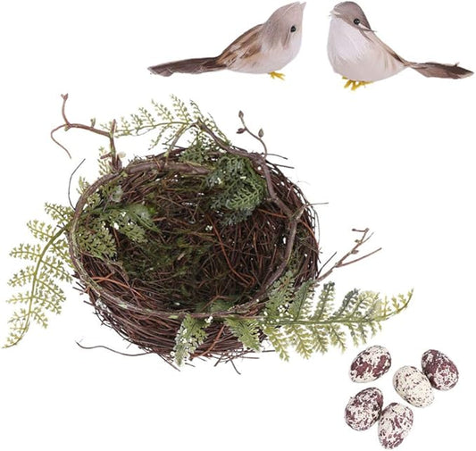 Artificial Bird Nest with Eggs Birds Faux Natural Rattan Twig Bird Nest House Ornament Photo Props for Decoration
