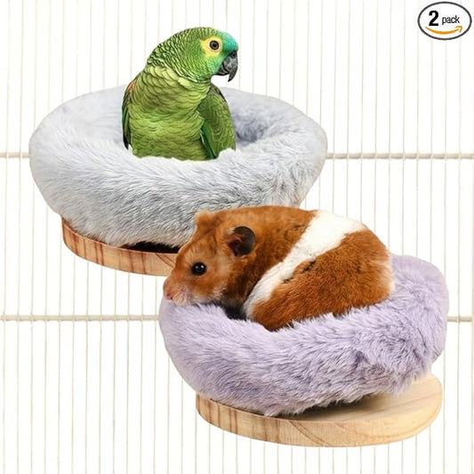 2Pcs Bird Perch Stand Platform Plush Parrot Hanging Hammock Warm Bird Nest Snuggle Hut Birds Sleeping Bed Wood Perch for Parrot, Budgies, Parakeet, Cockatiels, Conure, Lovebirds-Purple&Grey