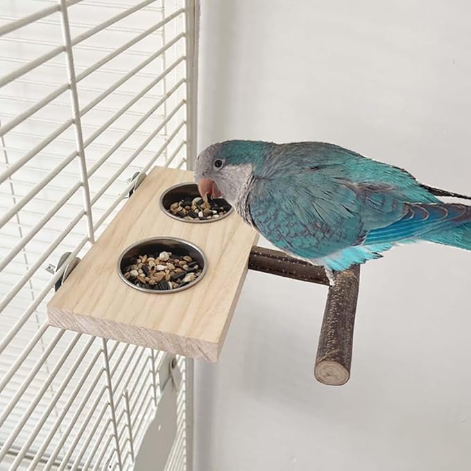Bird Food Stainless Steel Cups Wooden Perch Stand Hanging Feeder Bowls Feeding and Watering Supplies for Parakeets Conures Cockatiels Budgie Parrot (with One Cup)