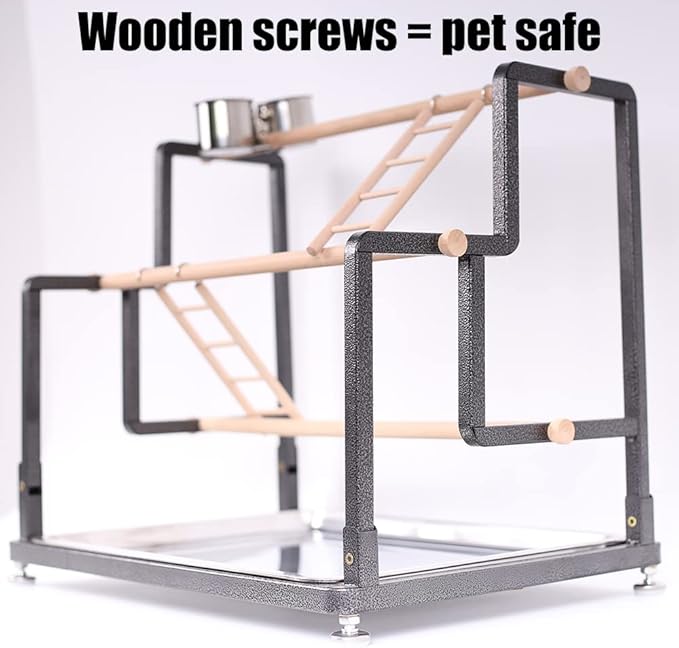 Bird Playground, Playstand for Small to Large Birds with Collapsible Metal Frame, Heavy Duty Quick-Install No Tool Request, 4 Standing Perch, 2 ladders and 2 Bird Cups