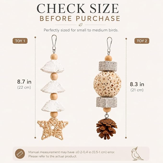2 Pack Natural Bird Toys for Small Birds, Cuttlebone & Sola Chew Toy Set with Pumice Stone, Pine Cone and Rattan Star, Hanging Cage Accessories for Cockatiels, Budgies, Lovebirds and Conures
