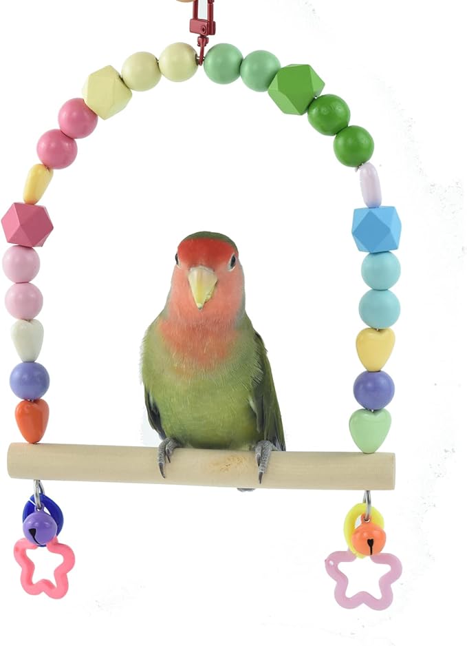Wooden Bird Swing for Cockatiels Parrot Perch Hanging Toys Parakeets Birdcage Stands Cage Playground Play Gyms Accessories Colorful Bead Bell Climbing Toy for Lovebirds Conures Budgies