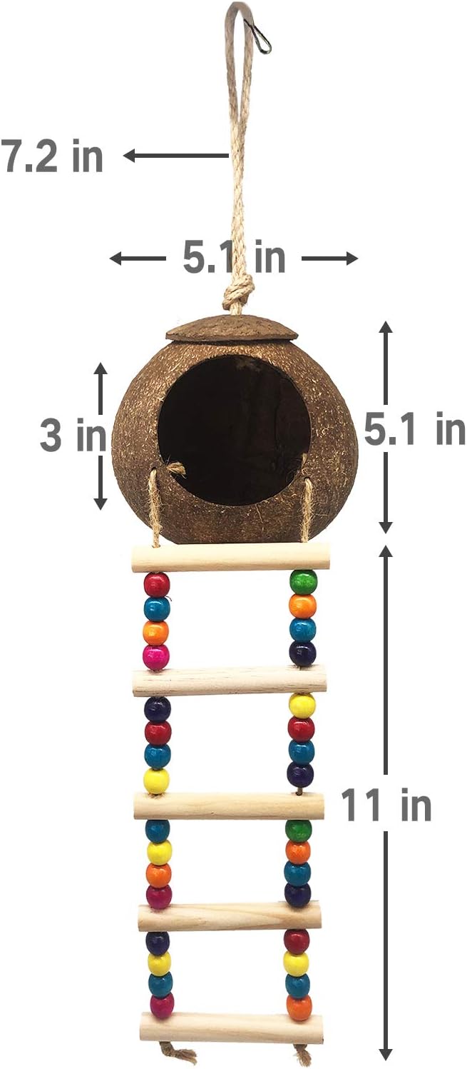 Hanging Coconut Birds House with Ladder,Natural Coconut Fiber Shell Bird Nest for Parrot Parakeet Lovebird Finch Canary,Coconut Hide Birds Swing Toys for Hamster,Bird Cage Accessories,Pet Bird Supply