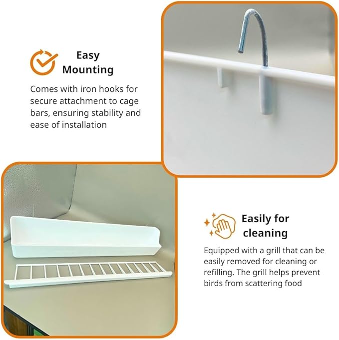 2GR White Bird Feeder with Removable Grill 2 Pack - Clean Feeding Solution for Cages and Aviaries with No Mess for Canaries, Lovebirds, Cockatiels, Parakeets and Small Parrots
