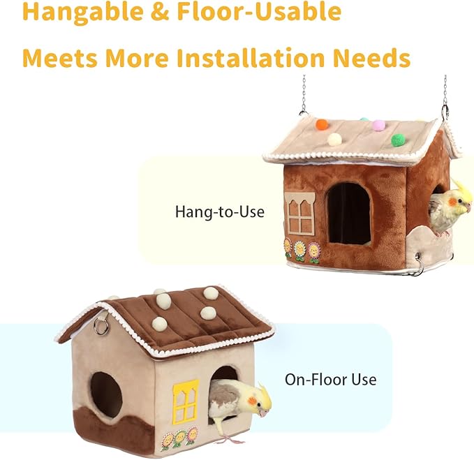 Bird Bed for Cage & Parakeet Nest - Winter Warm Plush Cotton Hanging Hammock, Dual Use Hideaway for Cockatiels, Budgies(Beige)