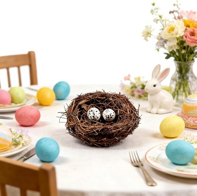 Birds Nest with Eggs Easter Rattan Nest Decorating, Mini Artificial Birds Nest for Easter Crafts Home Garden Decor Wedding Party (4 Inches)