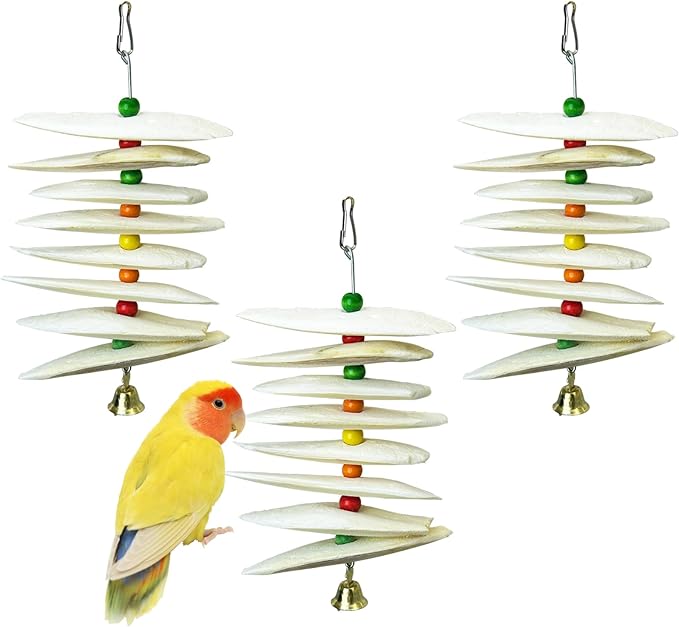 3 Pack Bird Toys with Cuttlebone,Parrot Toy Bird Beak Grinding Stone Parakeet Cage Accessories for Small & Medium Budgies Lovebirds Cockatiels (Flake,8 Per Skewer)